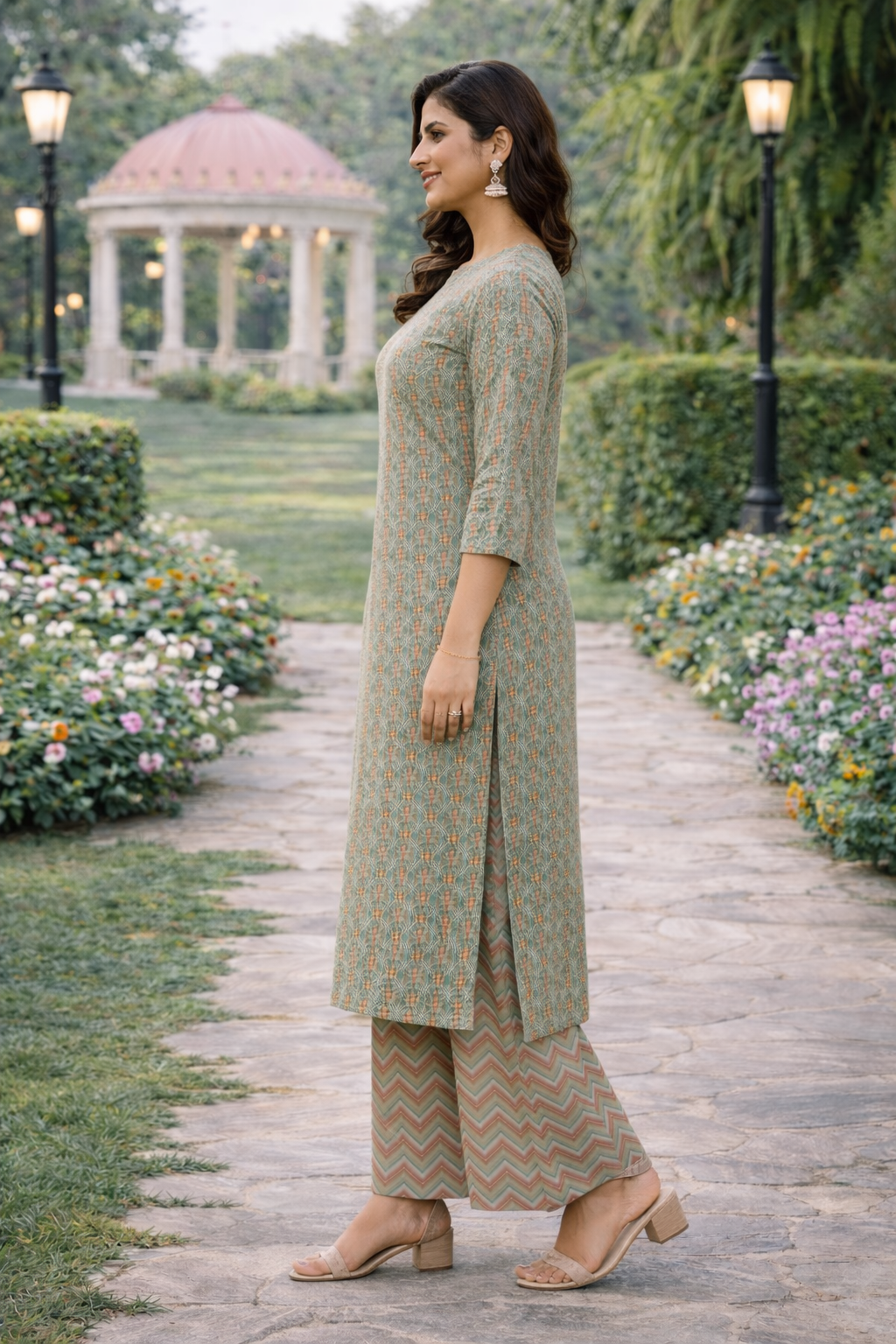 Muslin Printed Straight Kurta Pant Set - Mint Green