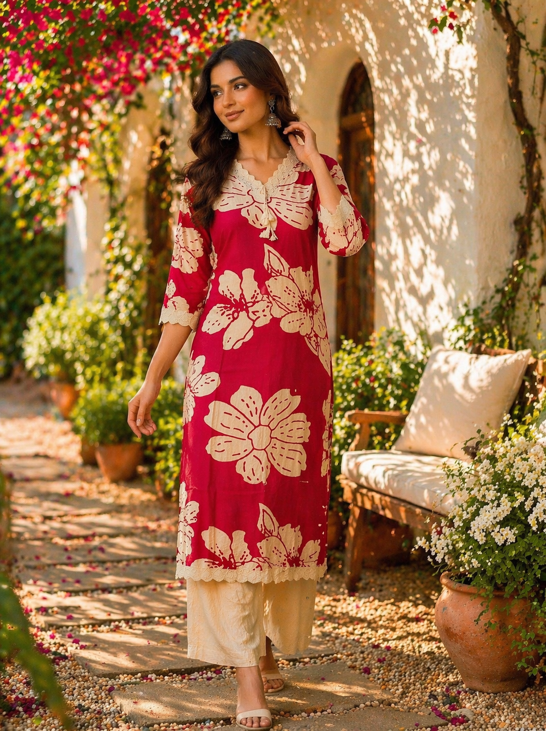 Cotton Flex Printed Kurta Set with Dupatta - Fuchsia Pink