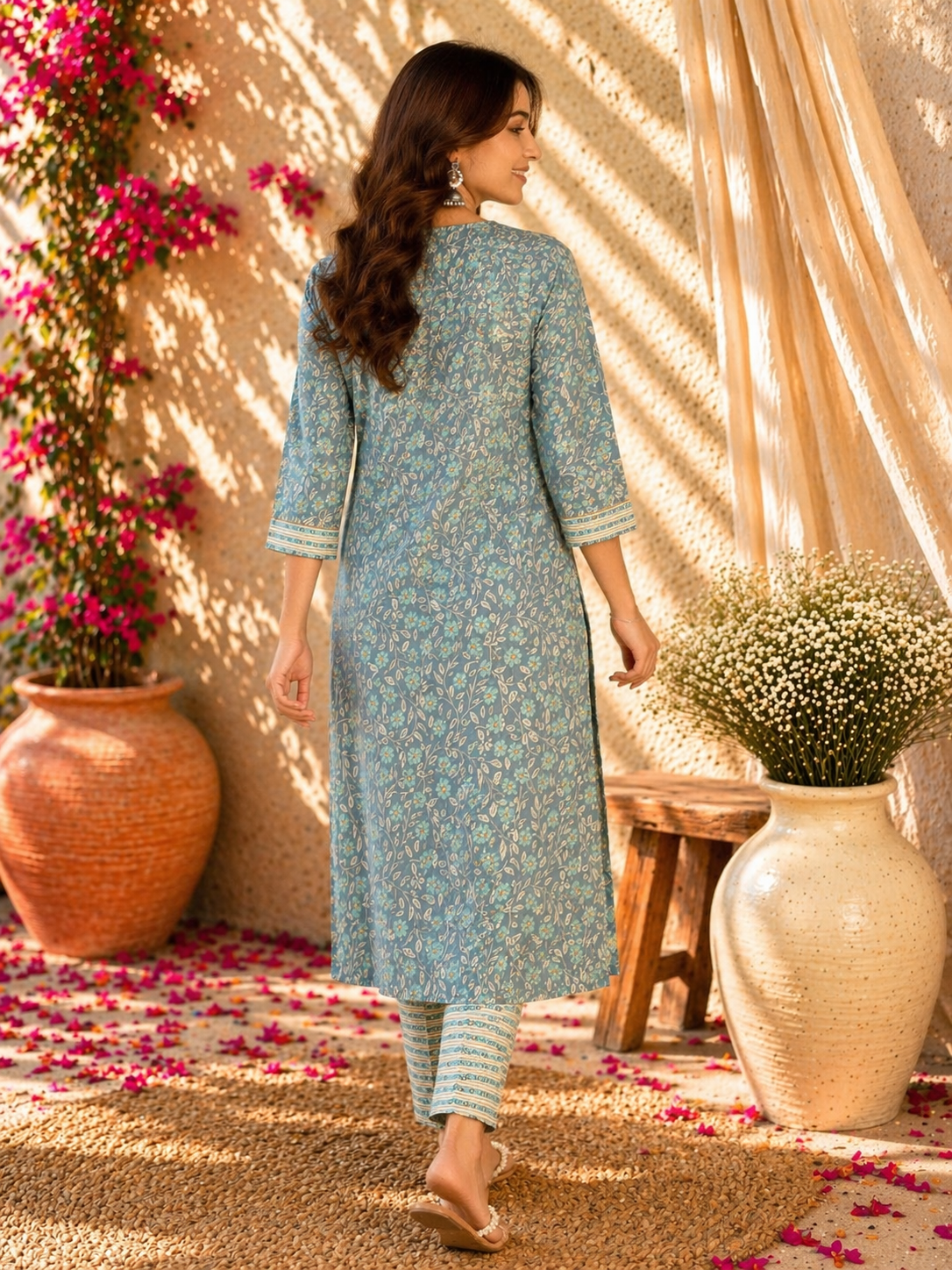 Rayon Printed Straight Kurta Pant Set- Ice Blue