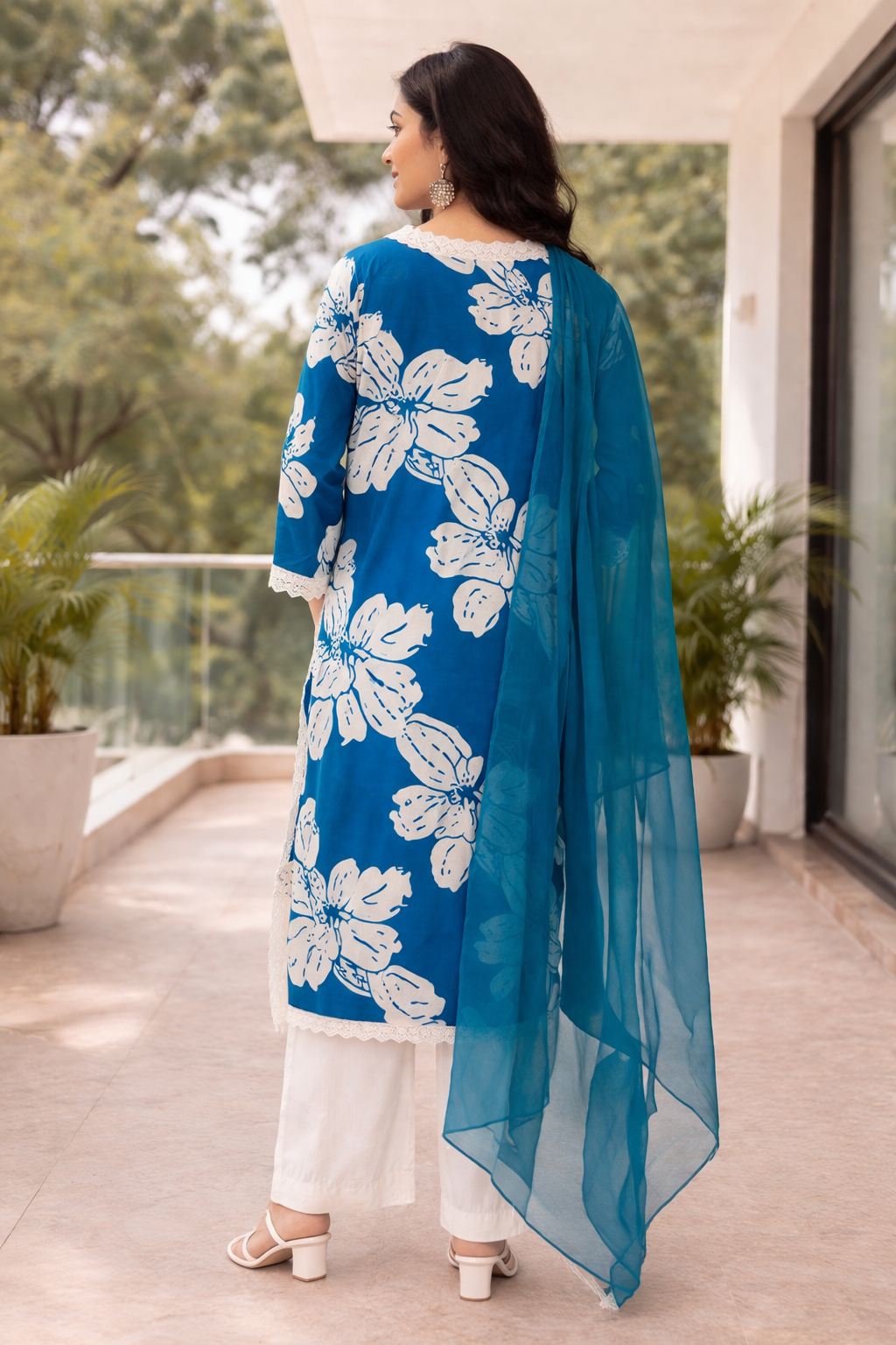 Cotton Flex Printed Kurta Set with Dupatta -Royal Blue