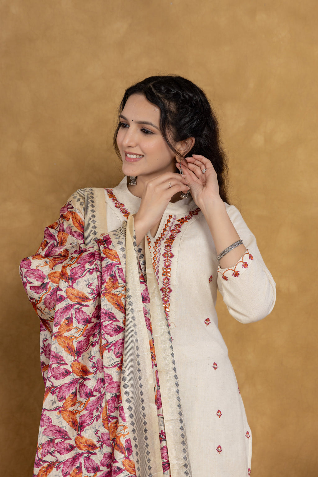 Elegant Off-White Kurti Set with Pink Floral Embroidery and Printed Dupatta