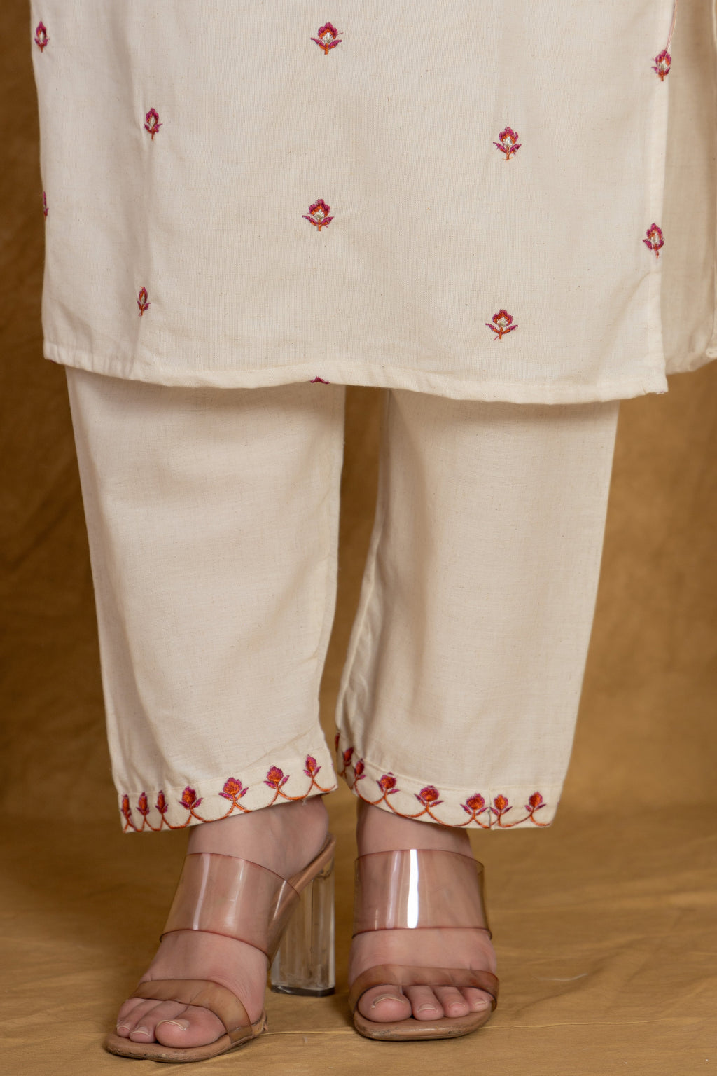 Elegant Off-White Kurti Set with Pink Floral Embroidery and Printed Dupatta