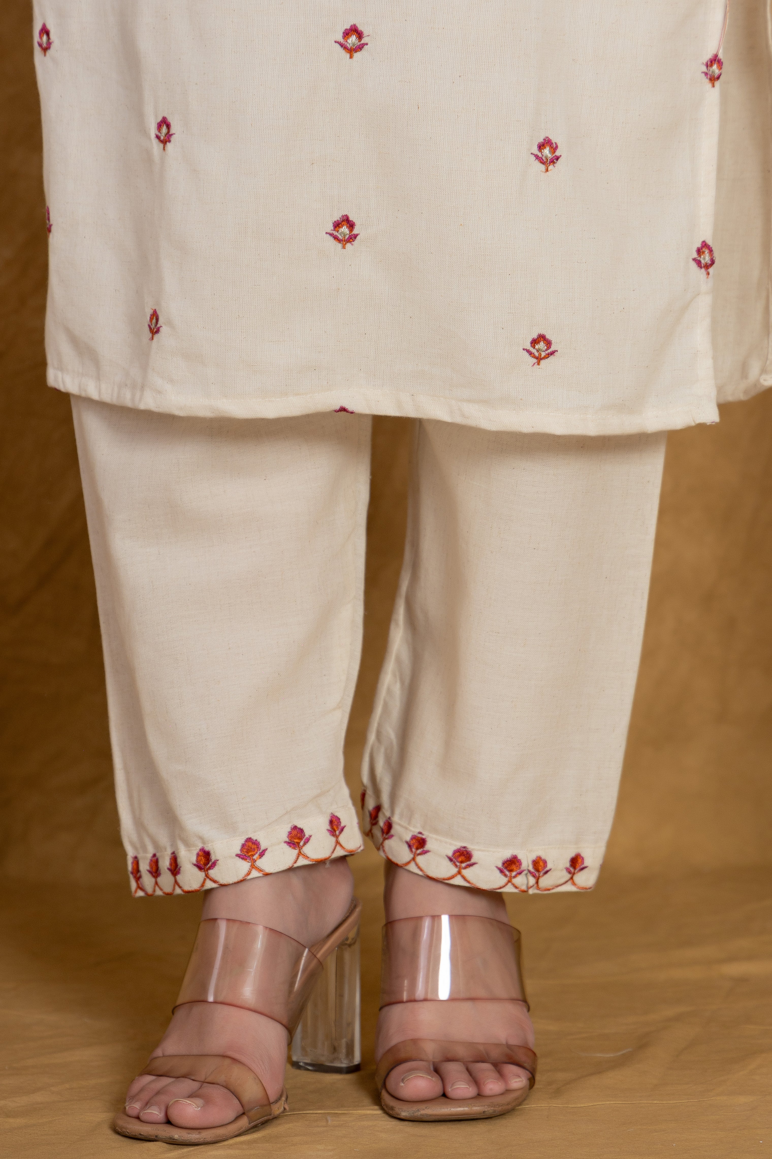 Elegant Off-White Kurti Set with Pink Floral Embroidery and Printed Dupatta