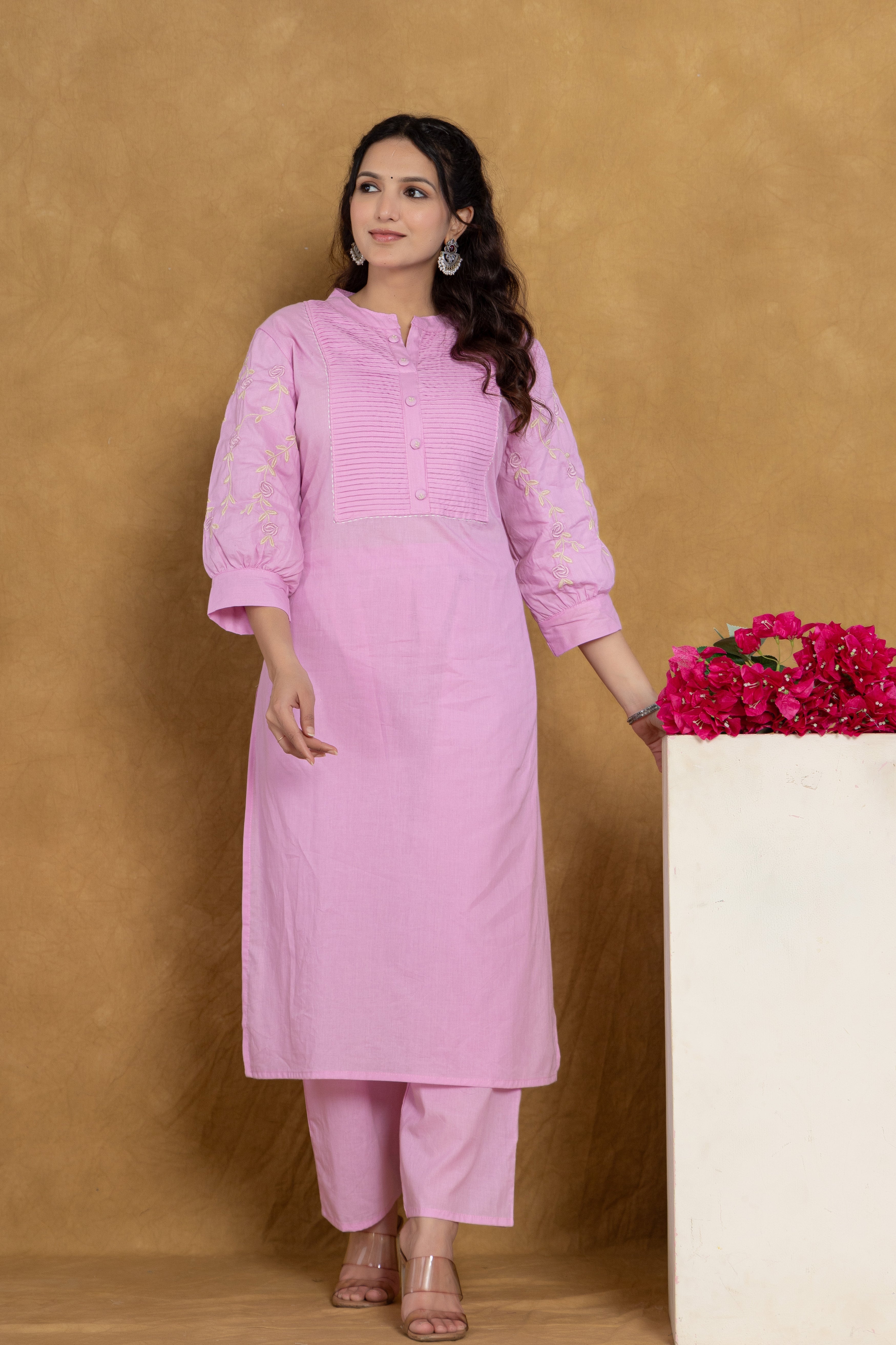 Pink Cotton kurti Set with Embroidery & Pintex Detailing