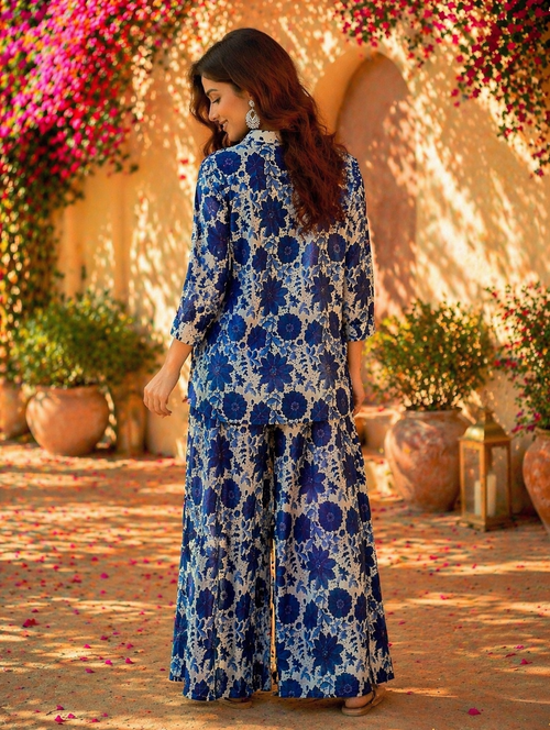 Casual Blue Color Printed Cotton Cord Set