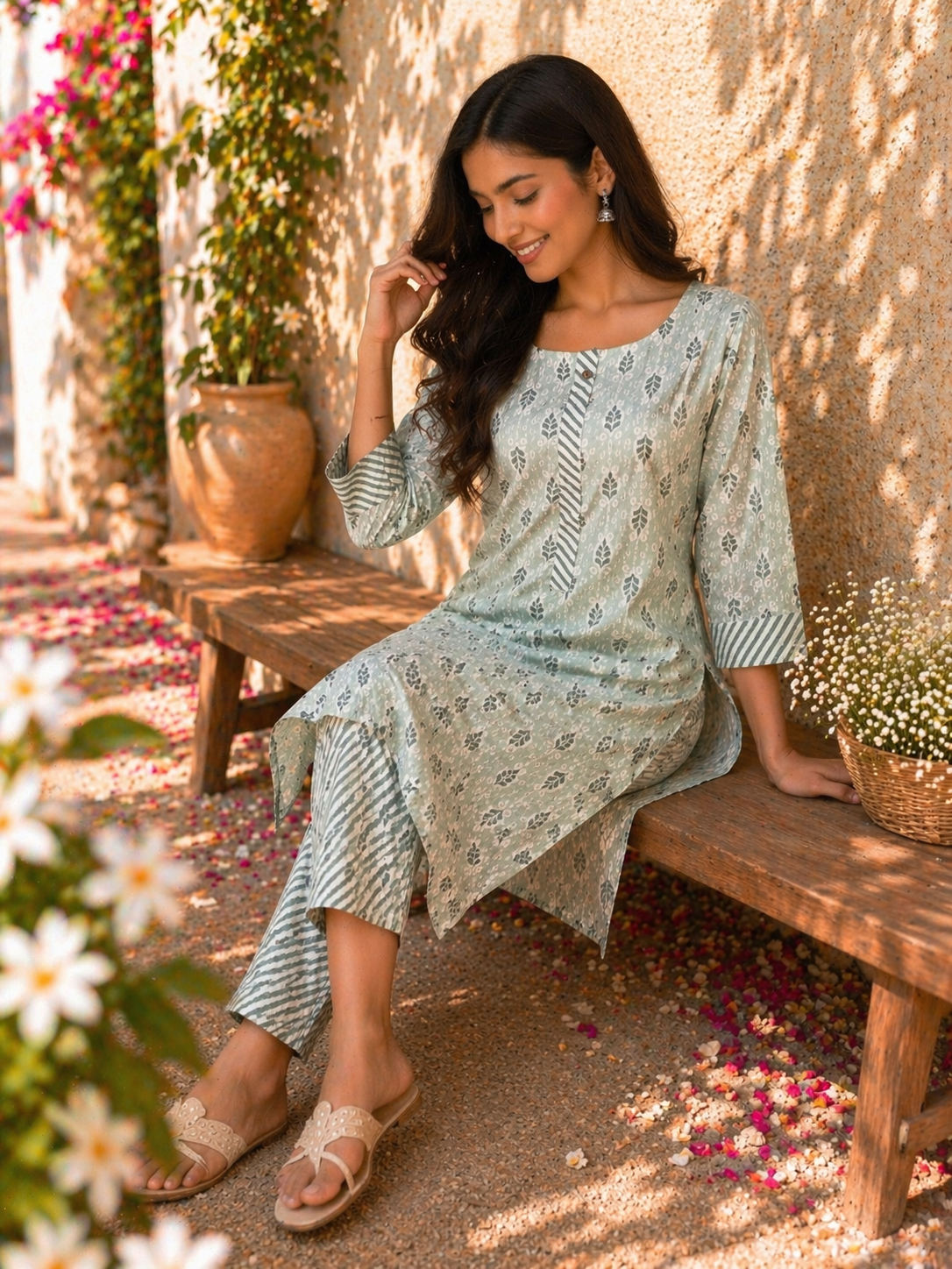 Rayon Printed Straight Kurta Pant Set- Light Grey