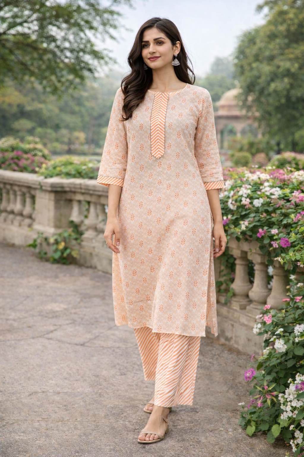 Rayon Printed Straight Kurta Pant Set- Kalki Coral