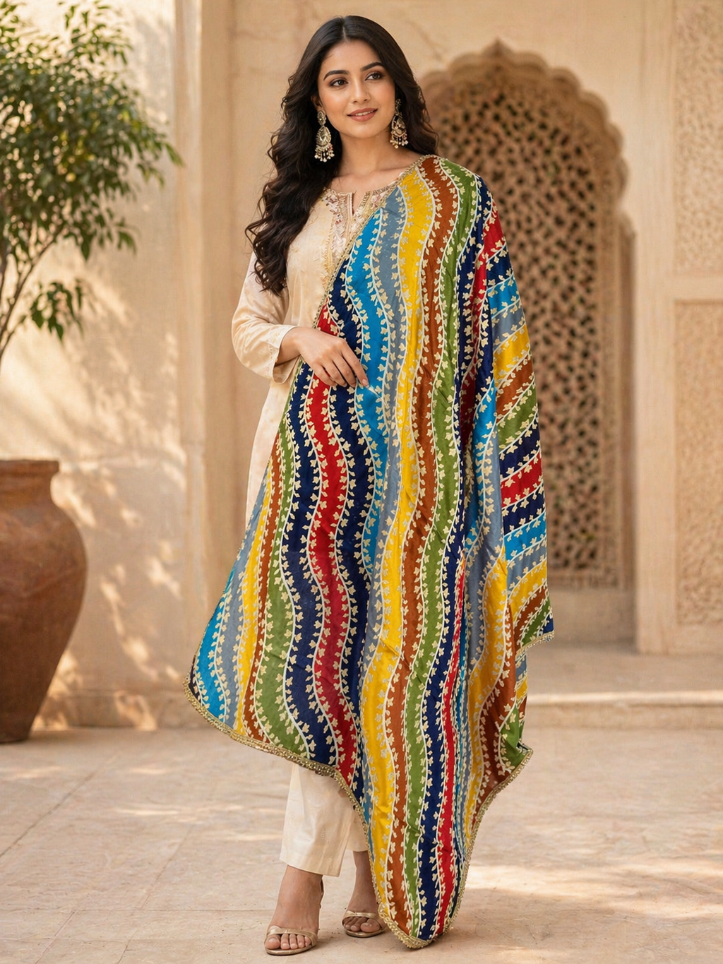 Women's Multicolor Wavy Stripe Printed Dupatta