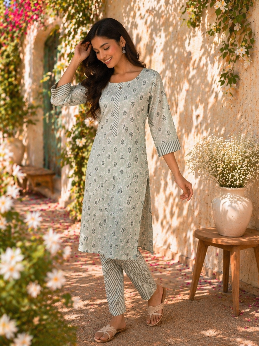 Rayon Printed Straight Kurta Pant Set- Light Grey