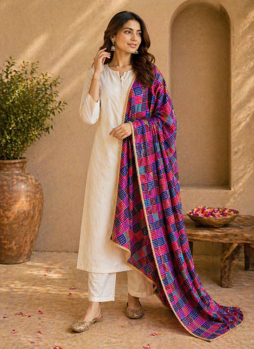 Multicolor Printed Dupatta with Golden Border