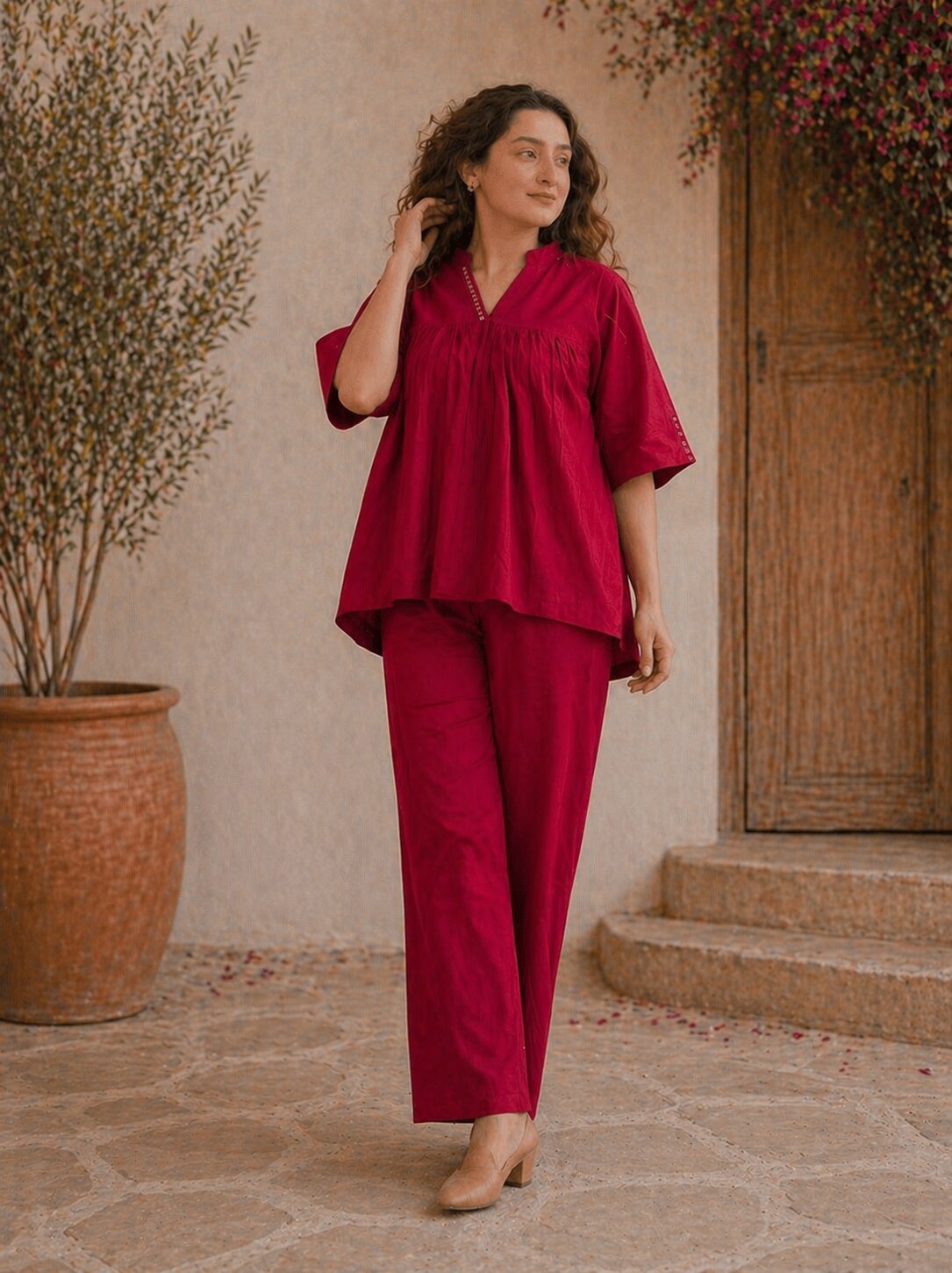 Romantic Florals Cotton Solid Top with Trousers