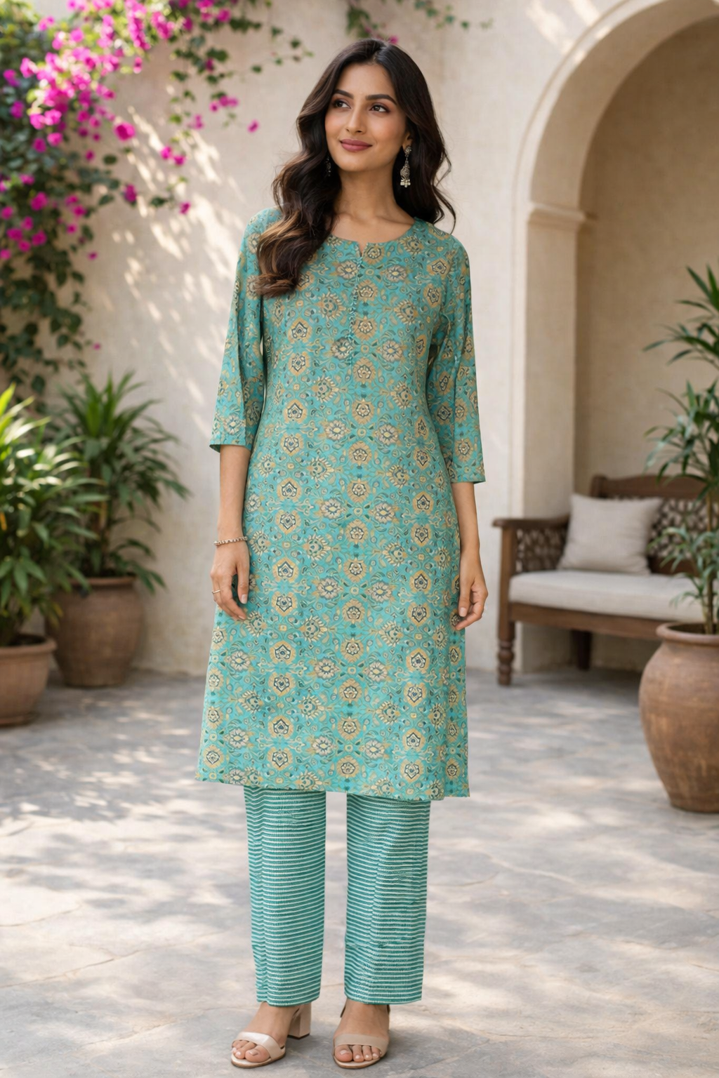 Rayon Printed Straight Kurta Pant Set- Kalki Rama Green