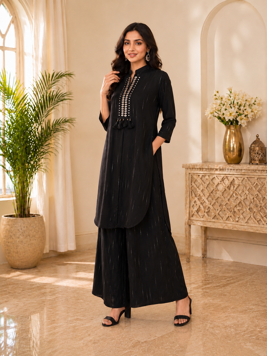 Kanti Black Embellished Kurta with Palazzo Set for Women