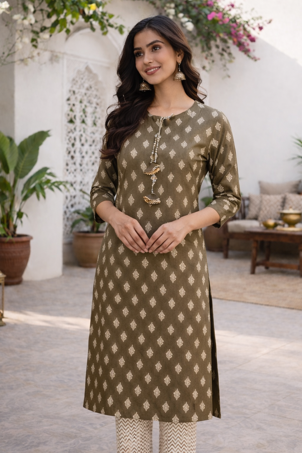Women's Olive Floral Print Straight Kurta Set