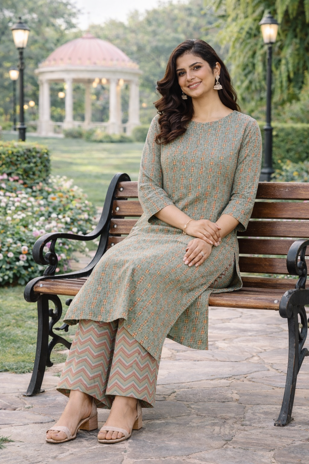 Muslin Printed Straight Kurta Pant Set - Mint Green