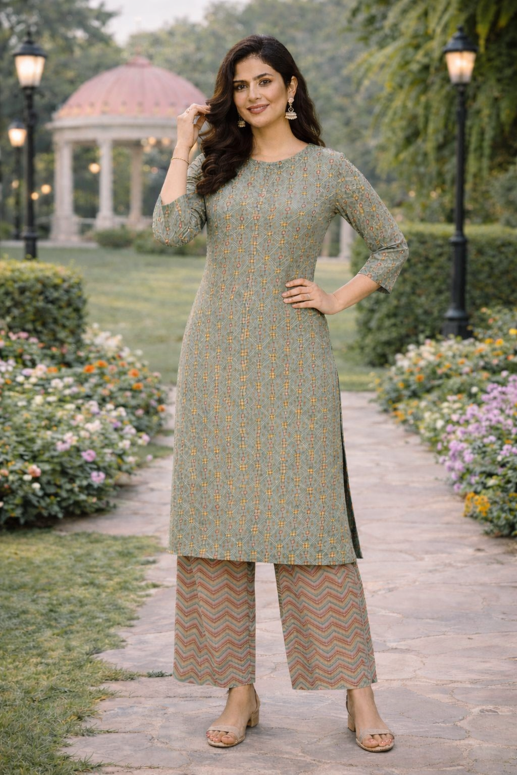 Muslin Printed Straight Kurta Pant Set - Mint Green