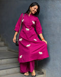 Elephant Embroidery Violet Cotton Top Pant Set