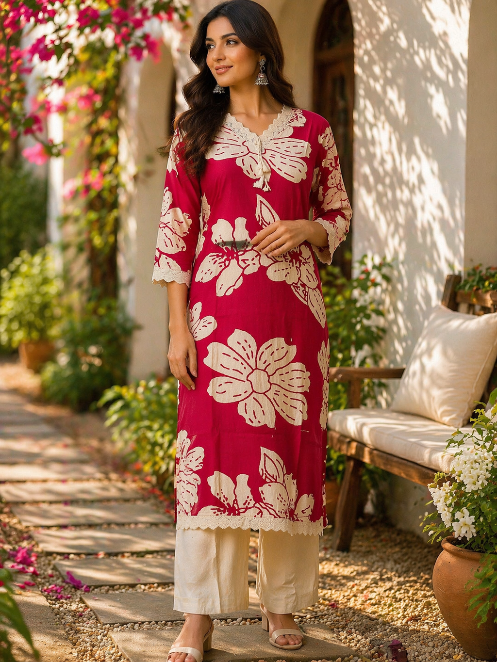 Cotton Flex Printed Kurta Set with Dupatta - Fuchsia Pink
