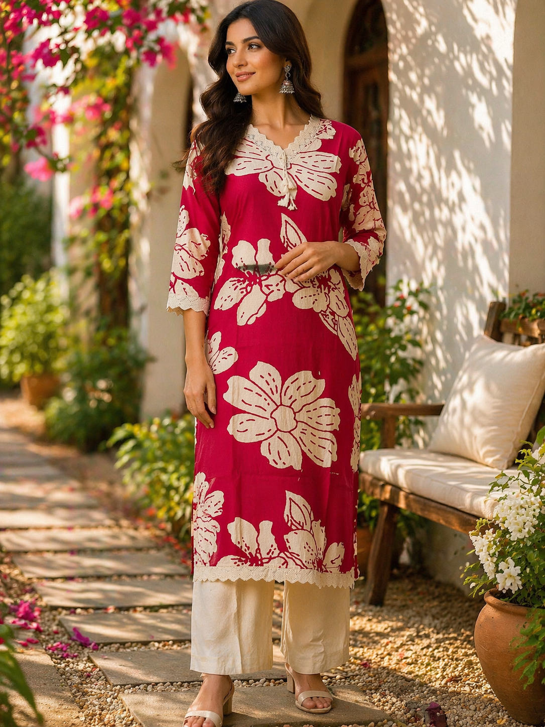 Cotton Flex Printed Kurta Set with Dupatta - Fuchsia Pink