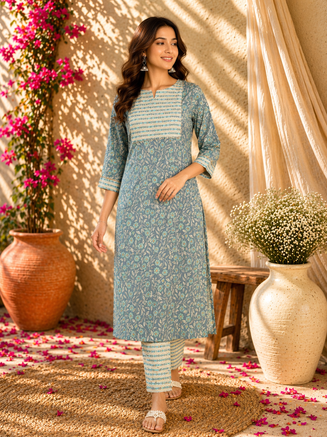 Rayon Printed Straight Kurta Pant Set- Ice Blue