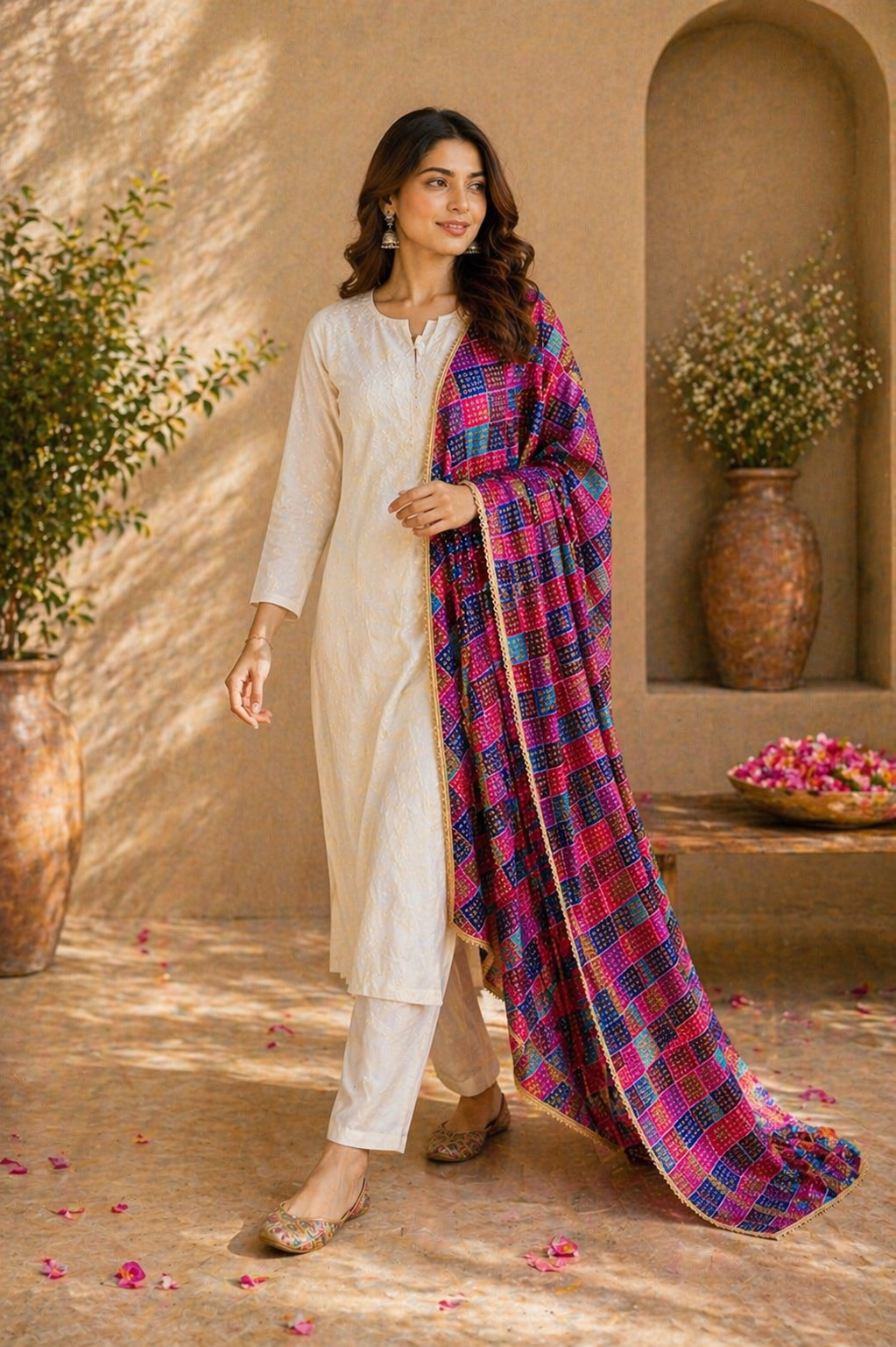 Multicolor Printed Dupatta with Golden Border