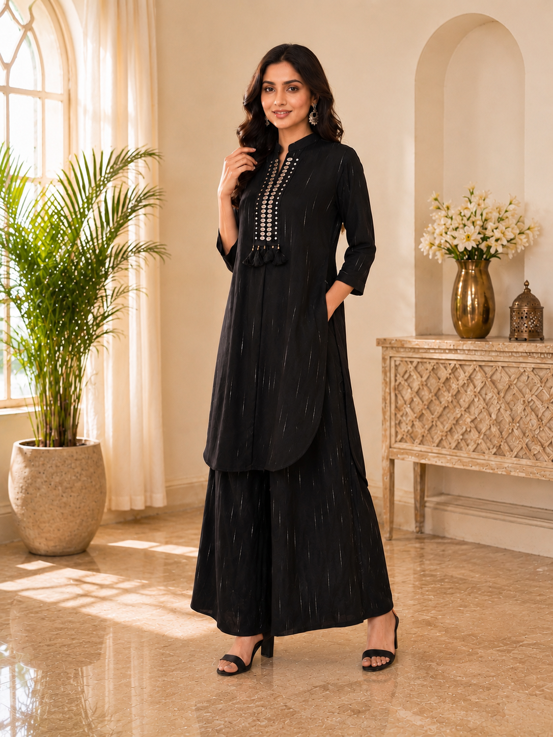 Kanti Black Embellished Kurta with Palazzo Set for Women