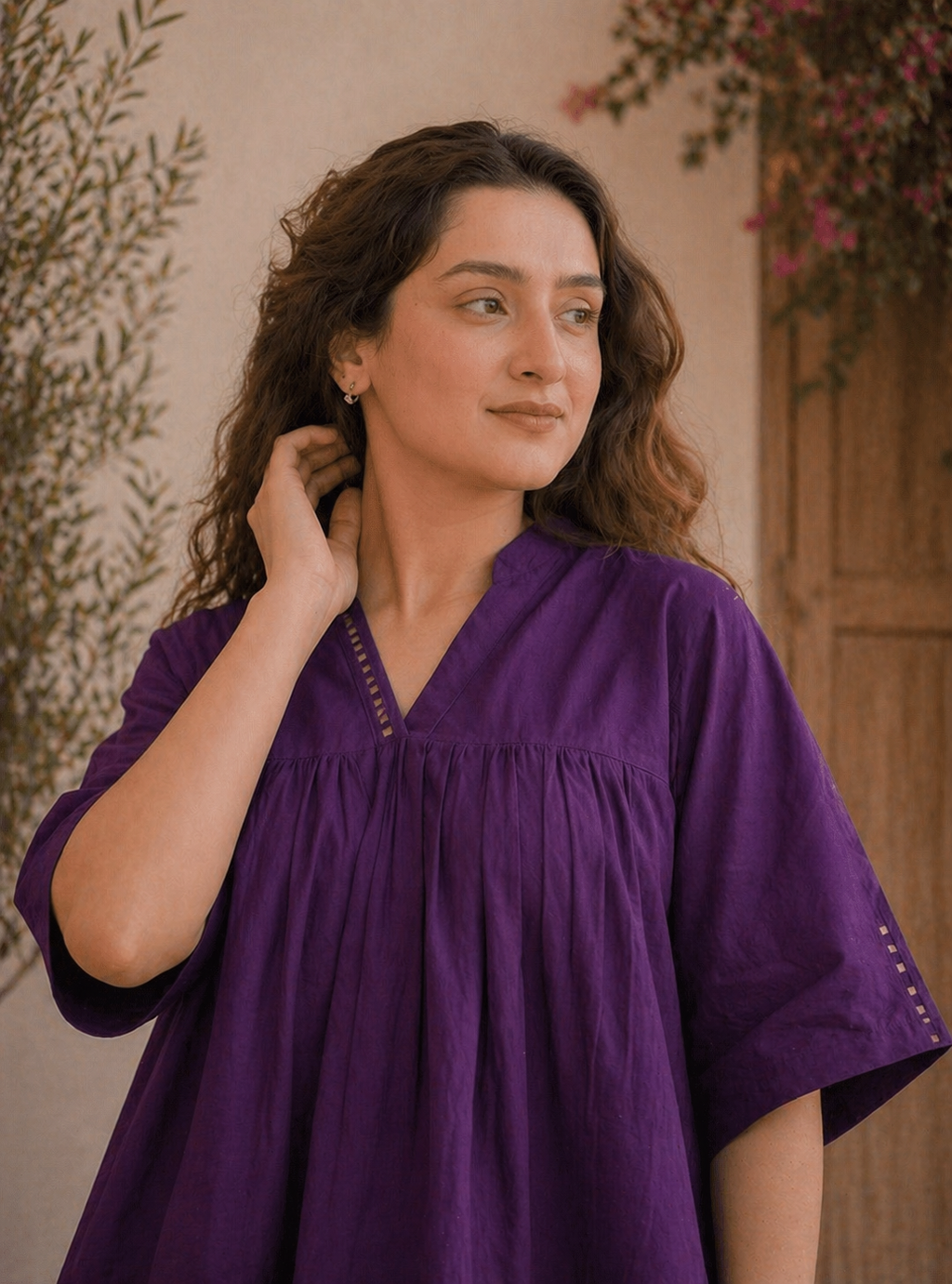 Deep Plum Cotton Gathered Kurta Set with Ladder Lace Detailing