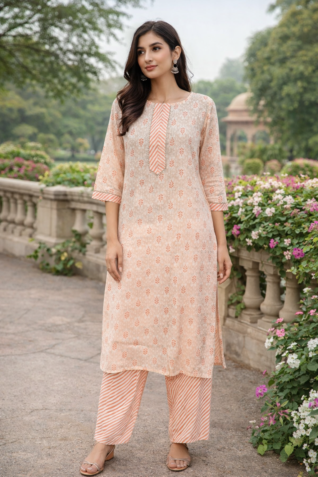 Rayon Printed Straight Kurta Pant Set- Kalki Coral