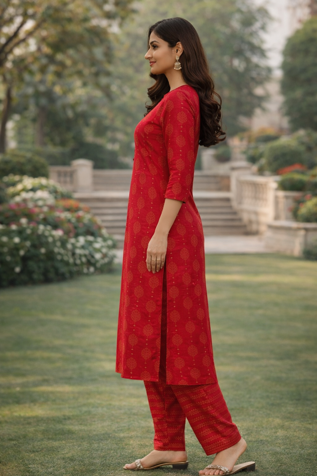 Muslin Printed Straight Kurta Pant Set -Maroon