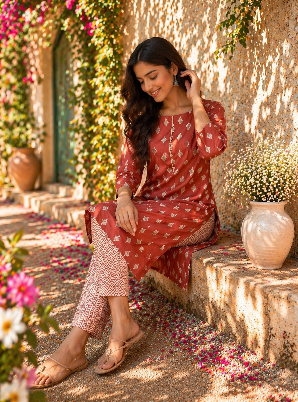 Rayon Printed Straight Kurta Pant Set- Marron