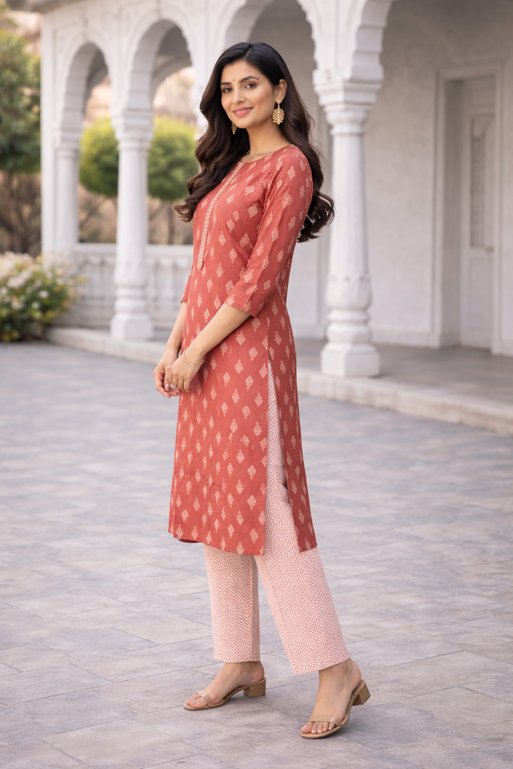 Rayon Printed Straight Kurta Pant Set- Kalki Maroon