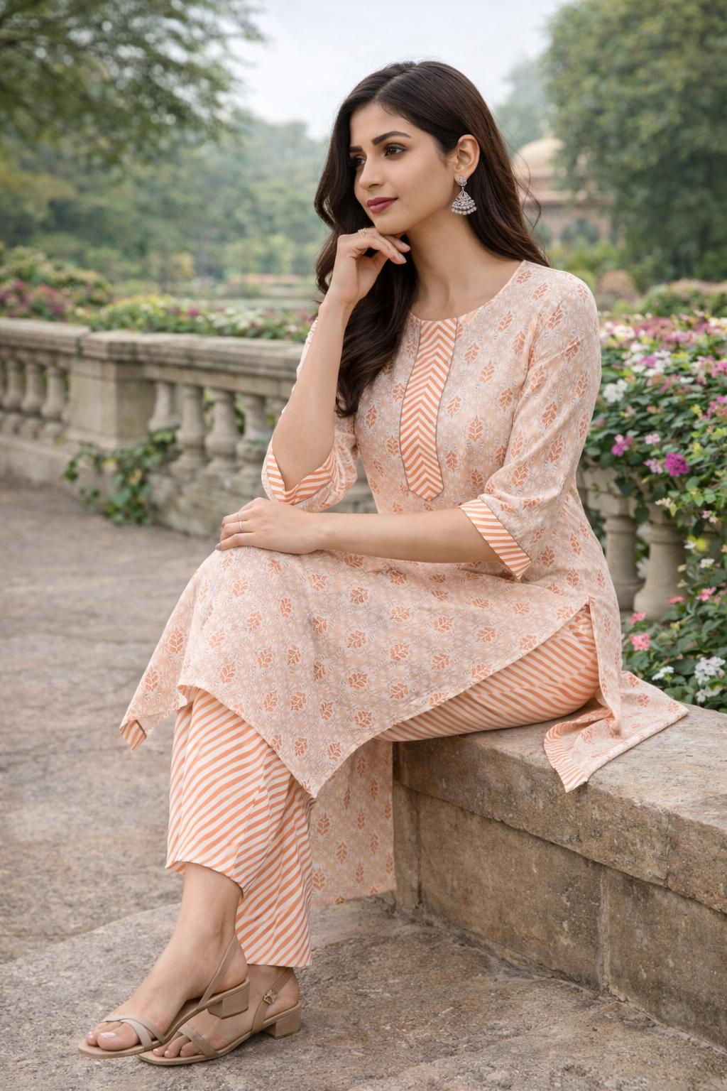Rayon Printed Straight Kurta Pant Set- Kalki Coral