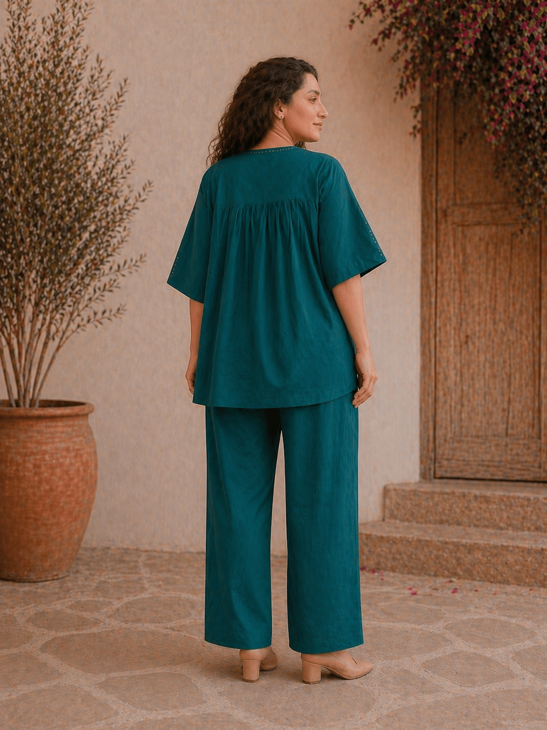 Teal Blue Cotton Gathered Tunic & Straight Pant Co-ord Set
