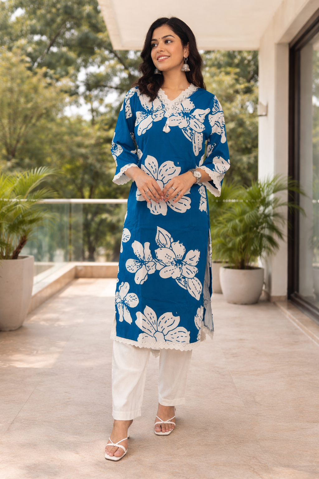 Cotton Flex Printed Kurta Set with Dupatta -Royal Blue