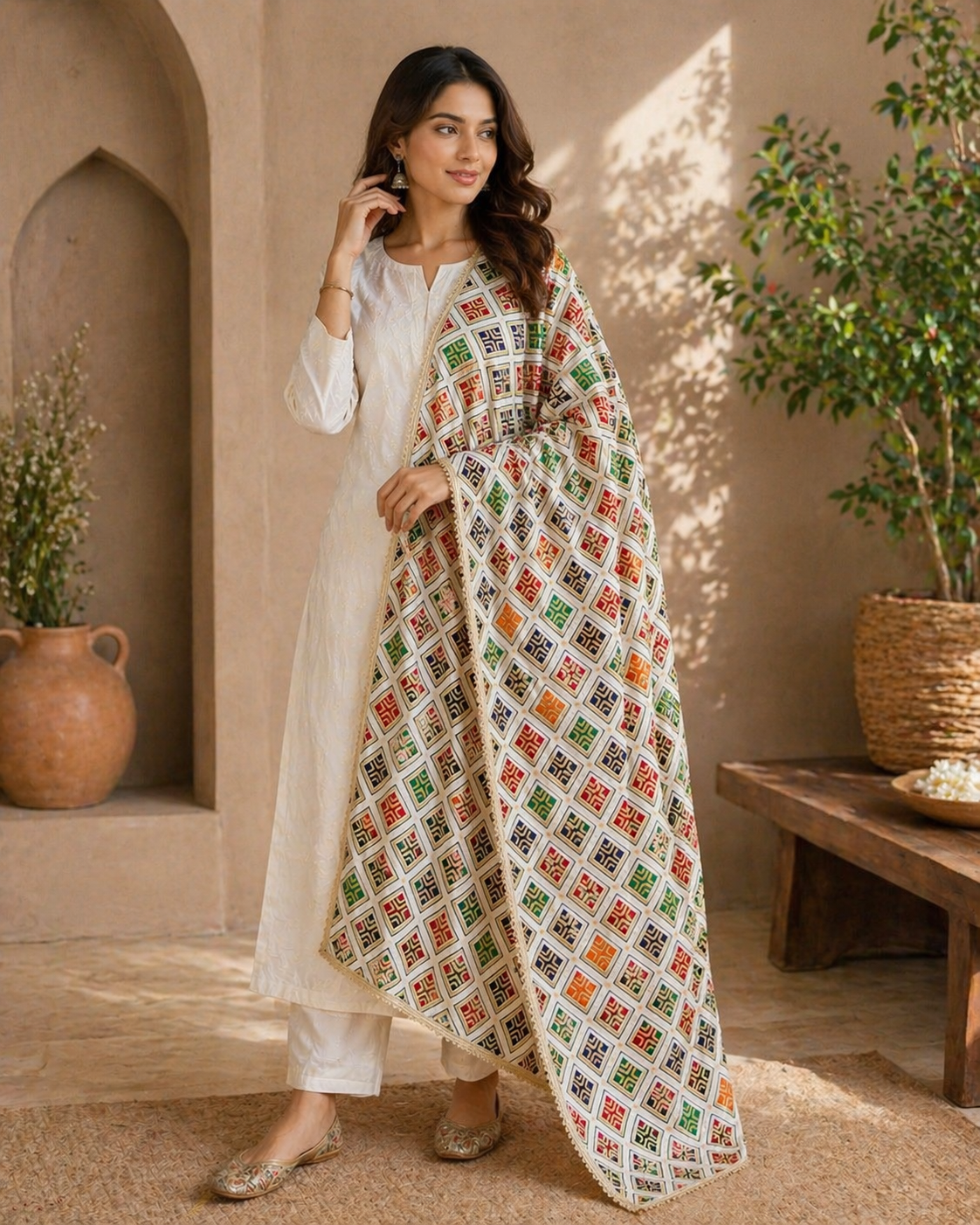 Women's Off-White Multicolor Geometric Printed Dupatta