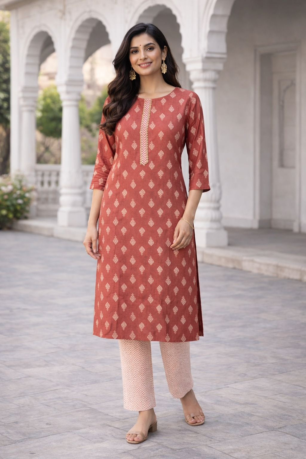 Rayon Printed Straight Kurta Pant Set- Kalki Maroon