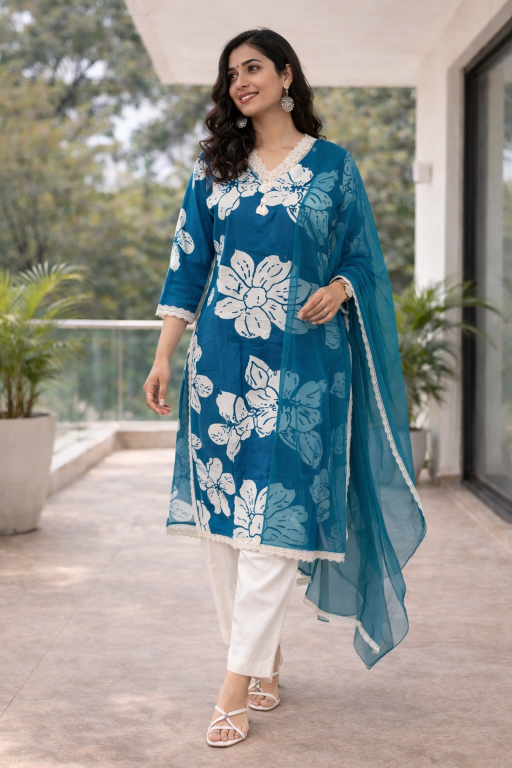 Cotton Flex Printed Kurta Set with Dupatta -Royal Blue