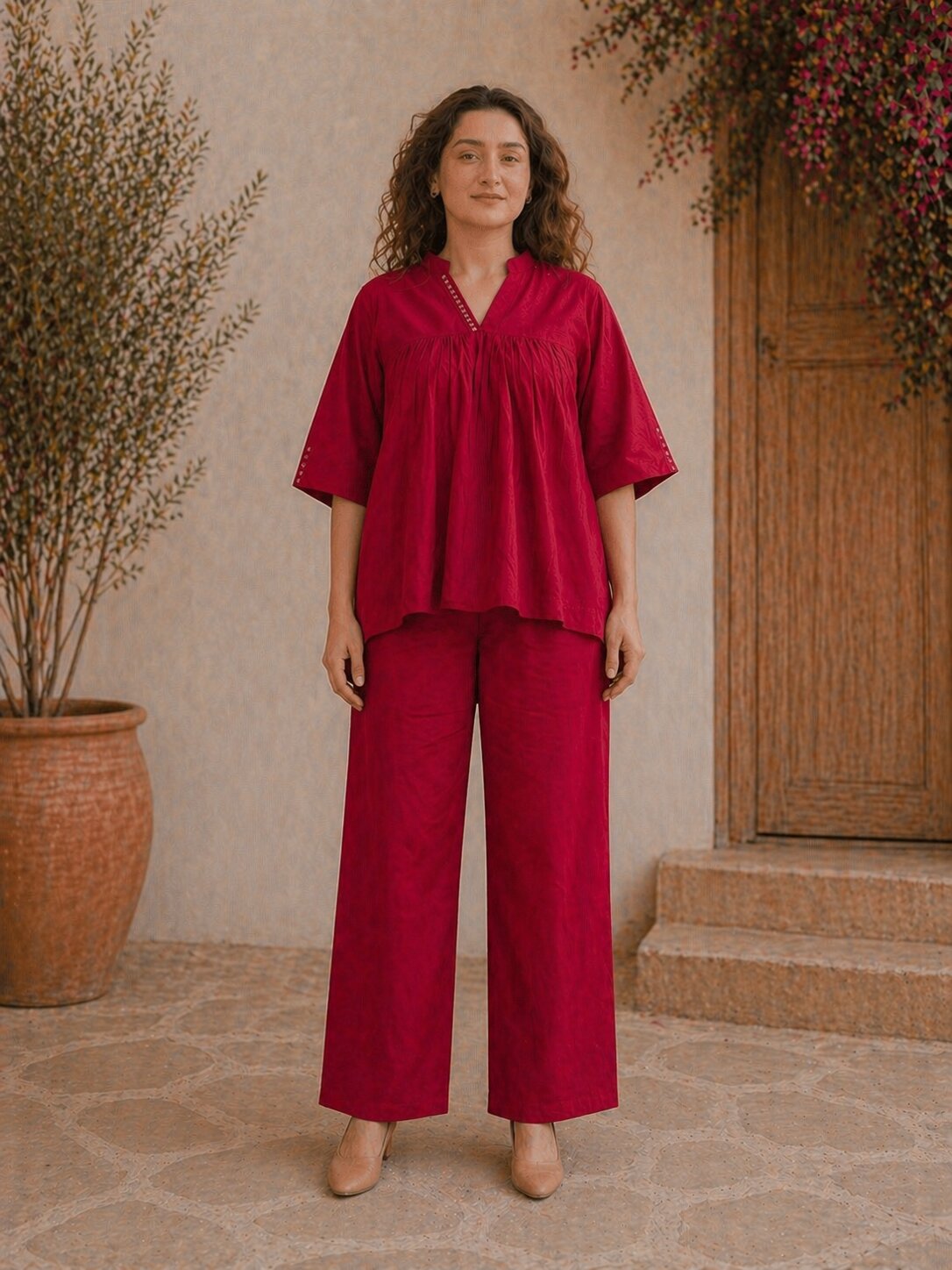Romantic Florals Cotton Solid Top with Trousers