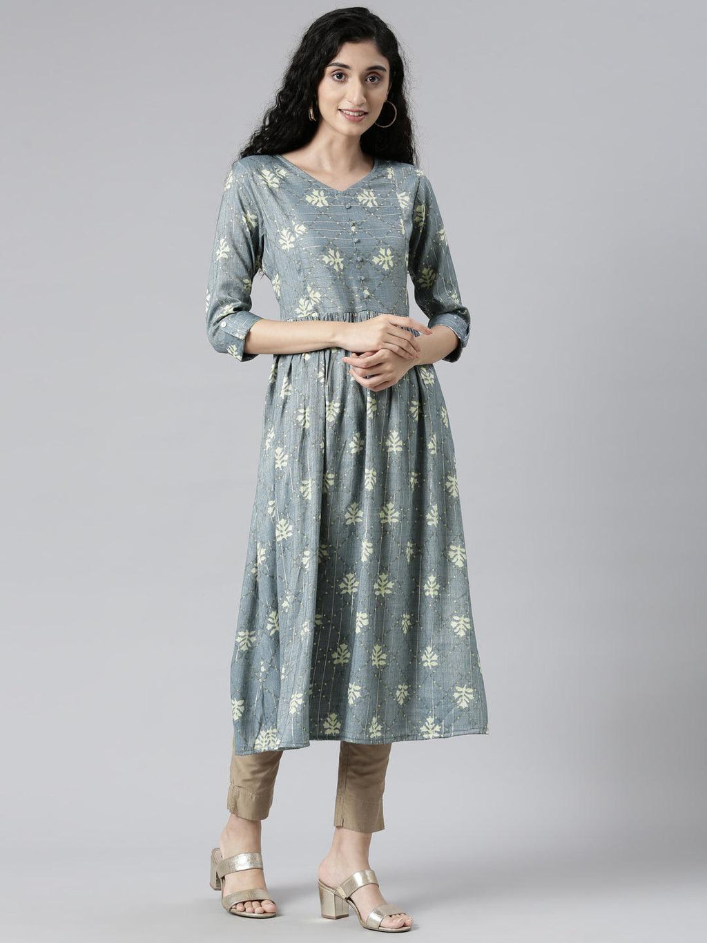 Front image of Indigo Colored Printed Viscose Rayon Kurta for women from samhitas apparel