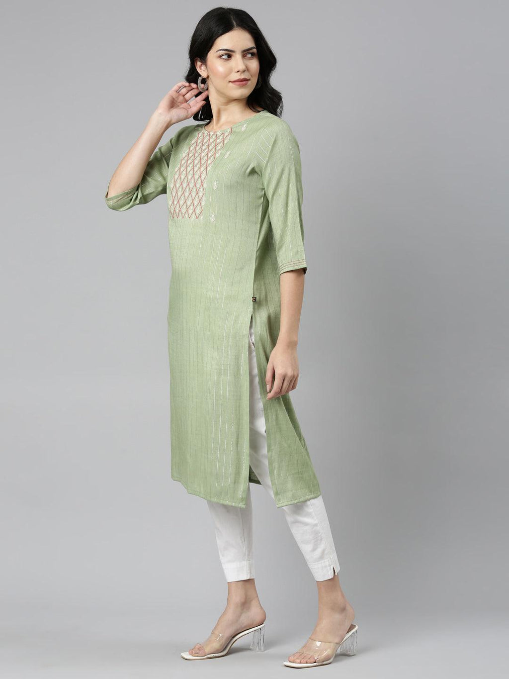 side view of Pista Striped Cotton Blend A-line Kurta from samhitas apparel