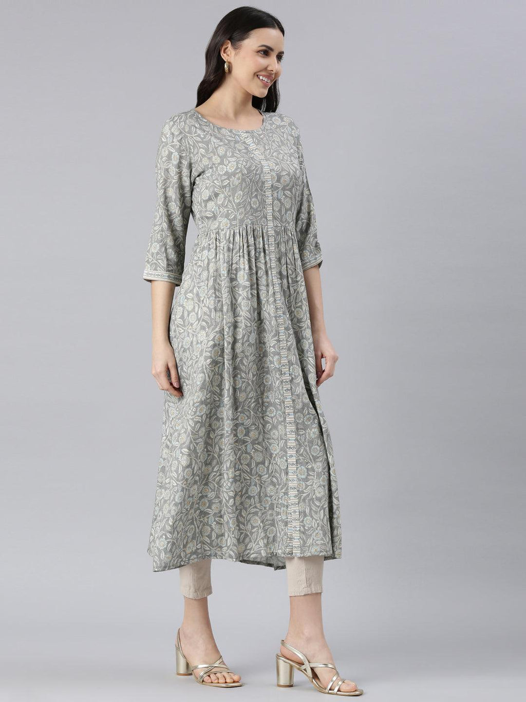 Grey Floral Printed A-Line Kurta for women from samhitas apparel