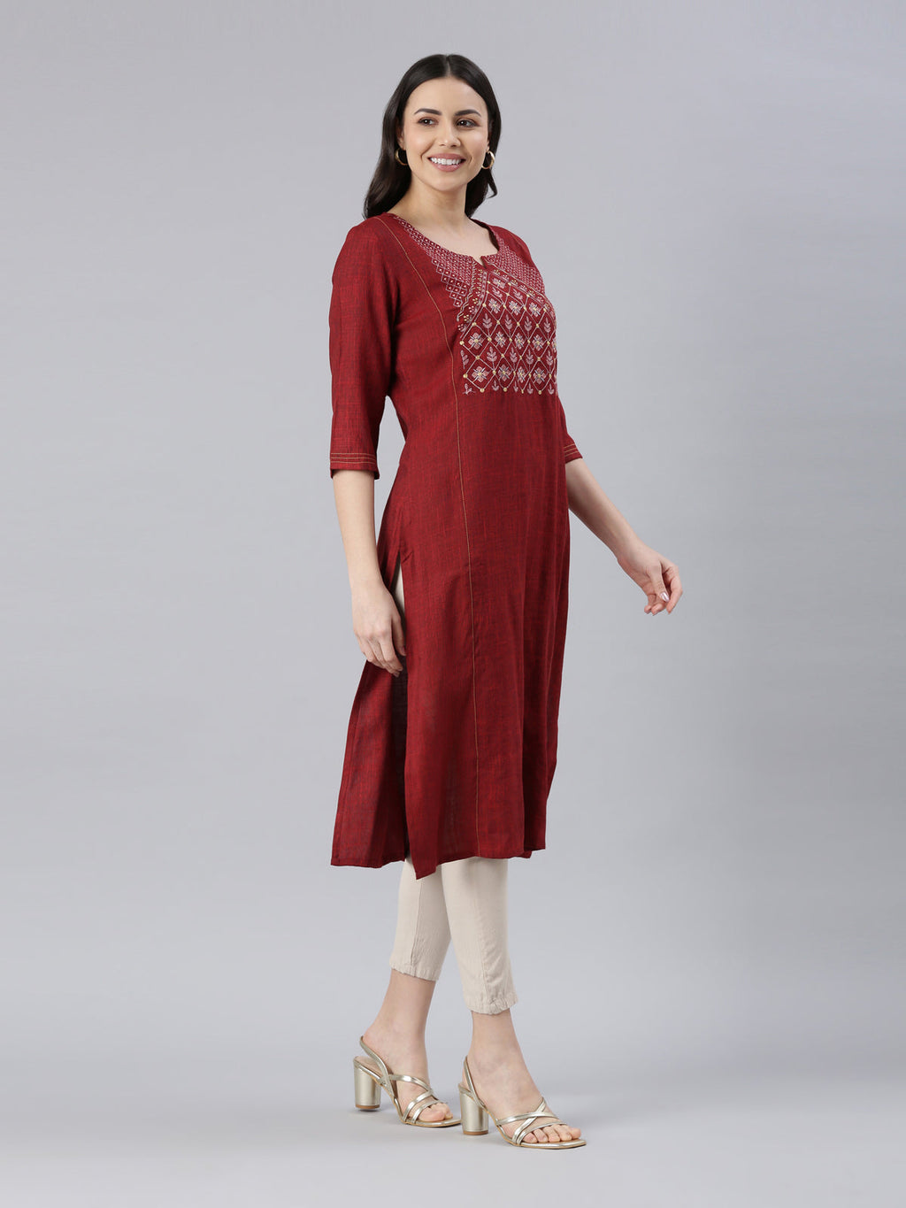 Women's Maroon Embroidered Viscose Rayon A-line Kurta from samhitas apparel