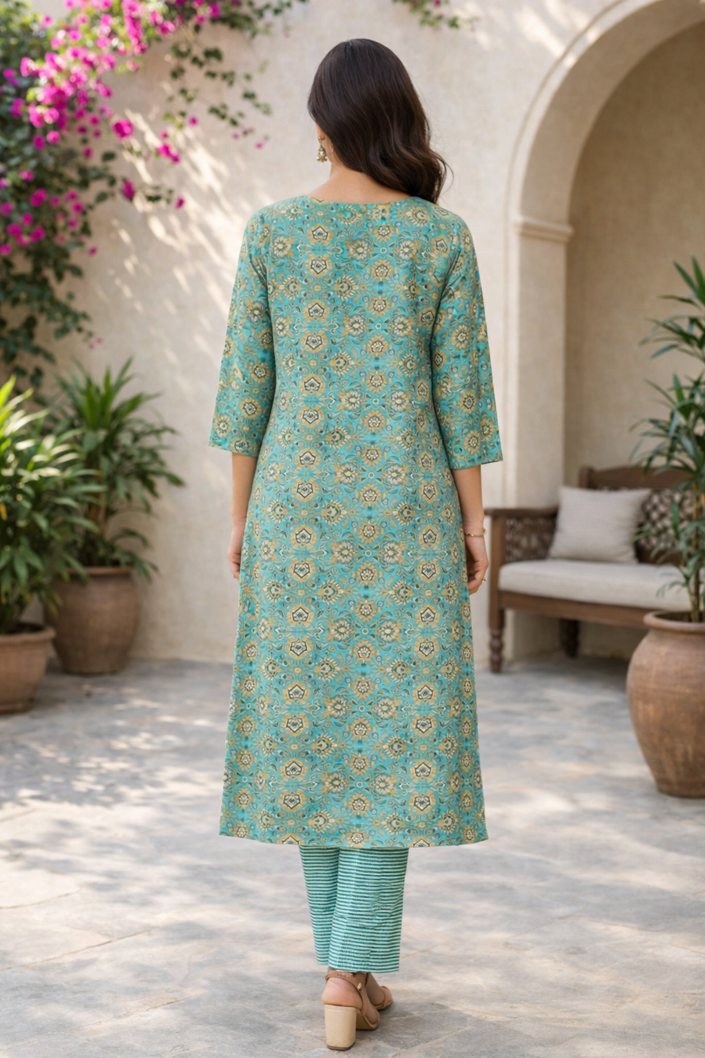 Rayon Printed Straight Kurta Pant Set- Kalki Rama Green