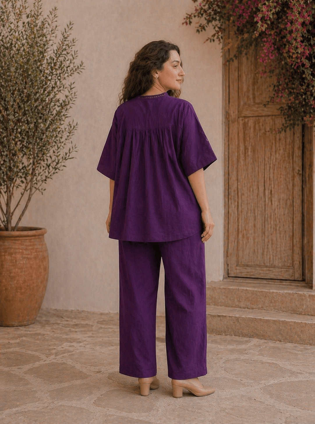 Deep Plum Cotton Gathered Kurta Set with Ladder Lace Detailing