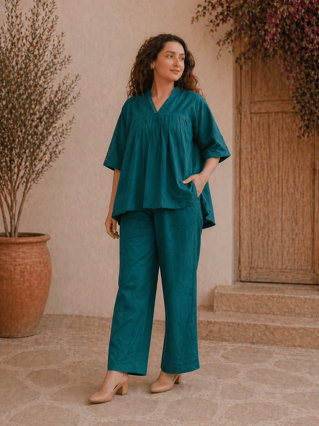 Teal Blue Cotton Gathered Tunic & Straight Pant Co-ord Set