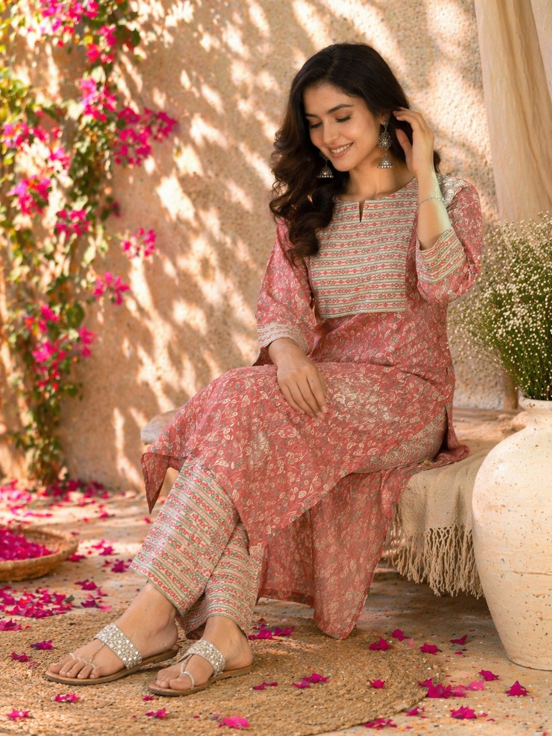 Rayon Printed Straight Kurta Pant Set- Peach