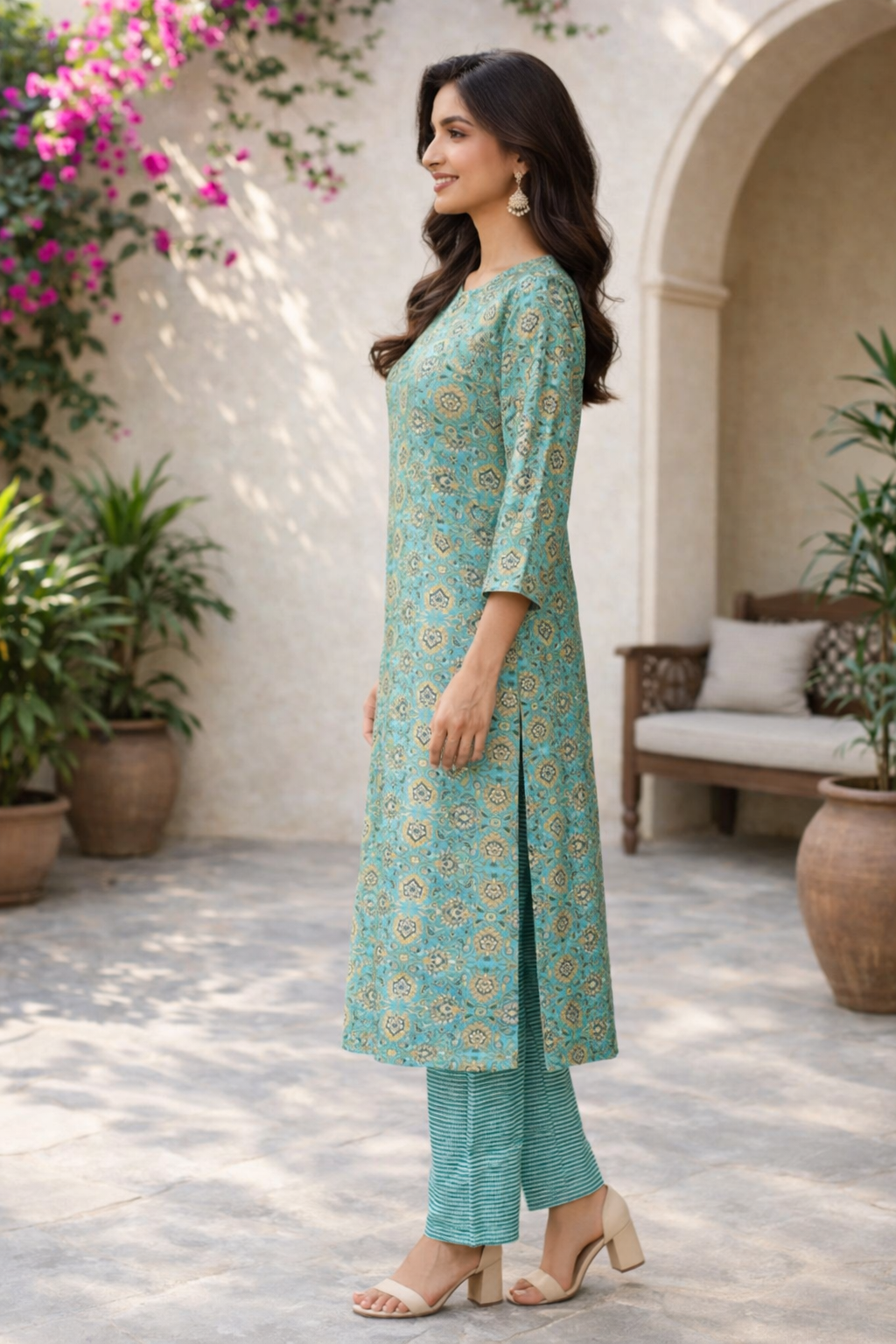 Rayon Printed Straight Kurta Pant Set- Kalki Rama Green