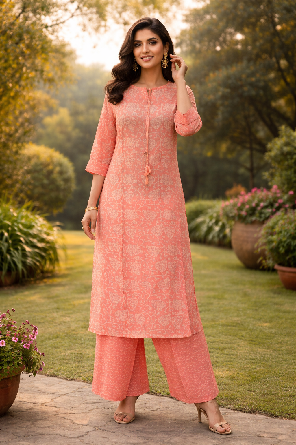 Muslin Printed Straight Kurta Pant Set -Light Orange