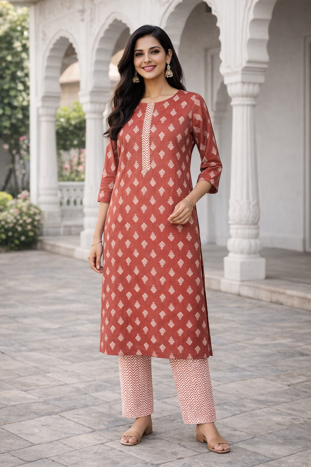 Rayon Printed Straight Kurta Pant Set- Kalki Maroon
