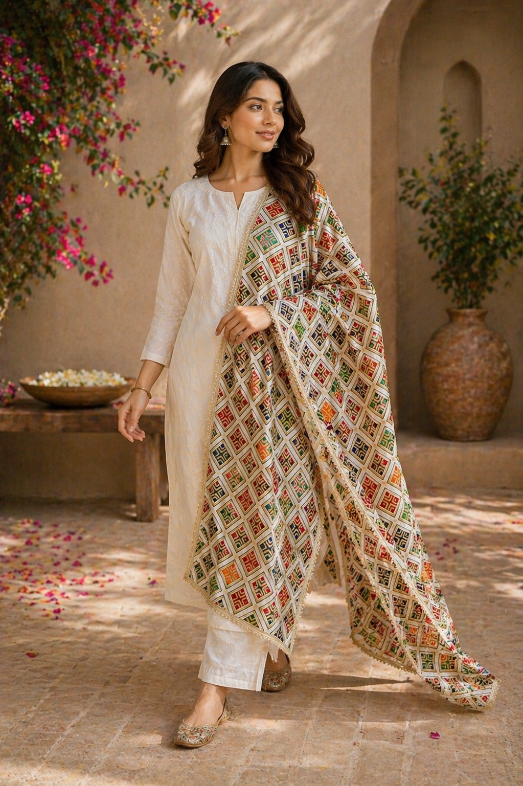 Women's Off-White Multicolor Geometric Printed Dupatta